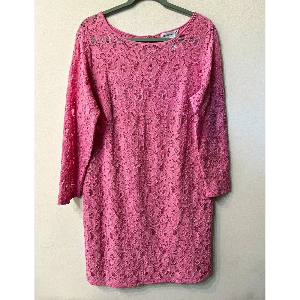 Jessica London Womens 16 Dress Pink Lace Shift Long Sleeve Keyhole Evening Party